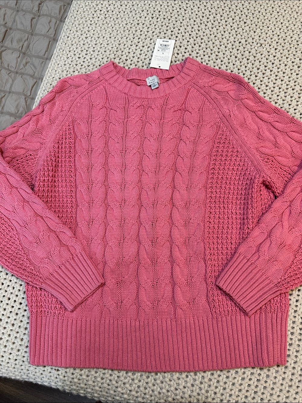 NWT Pink Cable-Stitch Crewneck Sweater